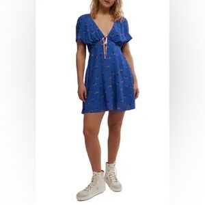 Free People | Floral | Bow Detail | V Neck | Blue Mini Dress | Size Small | NWT